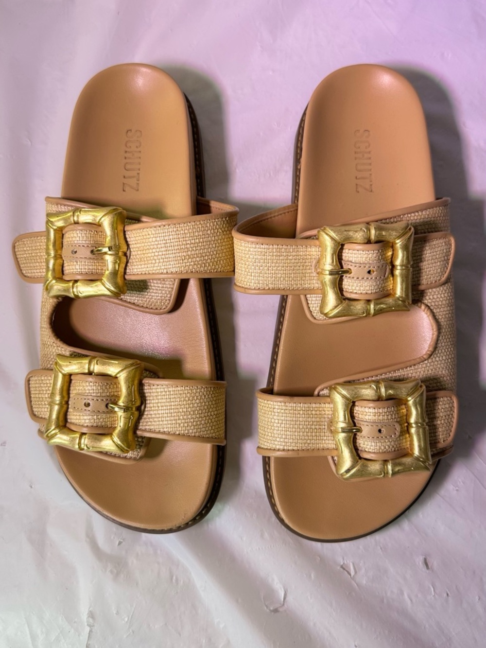 SCHUTZ Tan Slide Sandals with Gold Buckle Accents - Picture 4 of 11